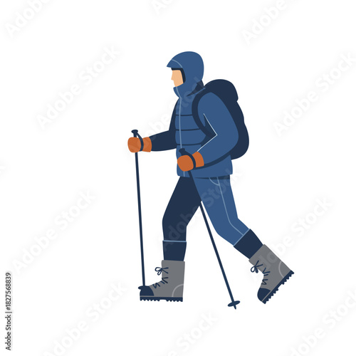 Flat Design Vector of a Hiker Ascending Steep Mountainous Terrain with Walking Sticks and Backpack