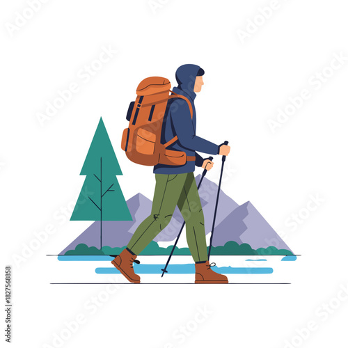 Flat Design Vector of a Hiker with Backpack and Trekking Poles Approaching a Mountain Peak in a Forest Landscape