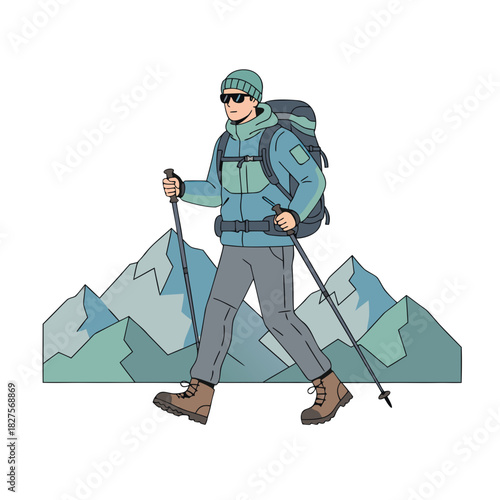 Flat Design Vector Of A Male Mountaineer With Braids Holding Walking Sticks In A Confident Pose Against A Mountain Background