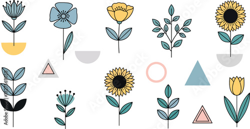 Scandinavian style floral vector elements with soft pastel tones and simple geometric shapes