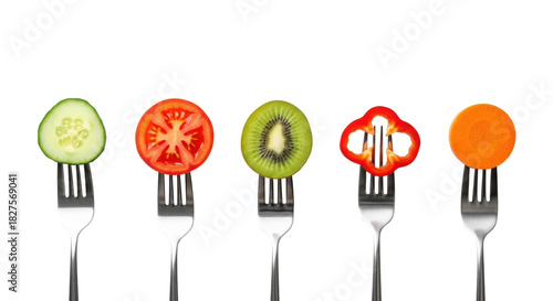 Five sleek silver forks impaling vibrant cross-section slices of cucumber, tomato, kiwi, bell pepper, carrot on transparent, flat lay, concept of healthy eating