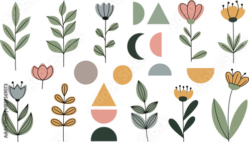 Scandinavian style floral vector elements with soft pastel tones and simple geometric shapes