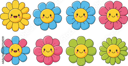 Playful cartoon flower icons with smiling faces in bright flat vector style for kids projects and fun designs