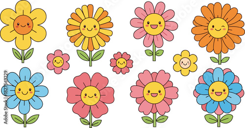 Playful cartoon flower icons with smiling faces in bright flat vector style for kids projects and fun designs