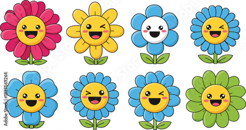 Playful cartoon flower icons with smiling faces in bright flat vector style for kids projects and fun designs