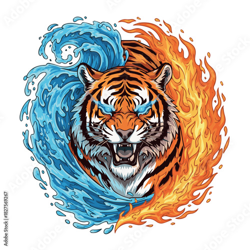 Dynamic tiger with swirling water and blazing fire, illustrated in high detail for fantasy, tattoo, or powerful mascot-style vector design