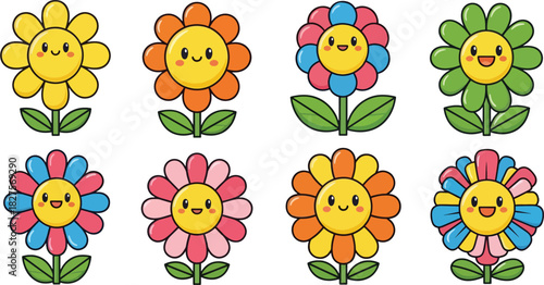 Playful cartoon flower icons with smiling faces in bright flat vector style for kids projects and fun designs