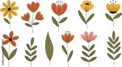 Bohemian floral illustrations in earthy colors and flat vector style, perfect for aesthetic creative projects