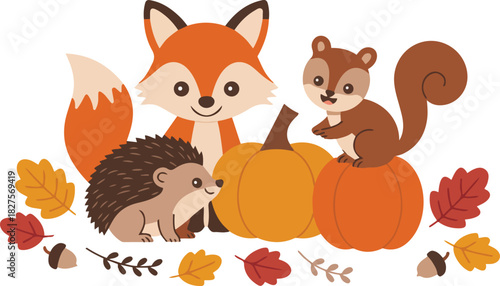 Cute autumn woodland animals collection featuring fox squirrel and hedgehog standing next to pumpkin and fall leaves pixel art vector illustration for seasonal design