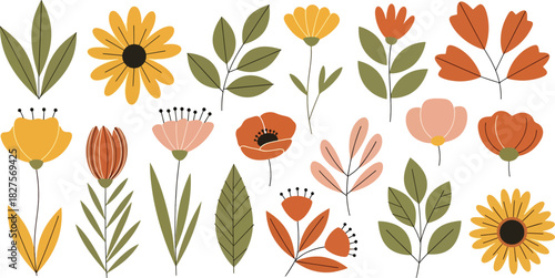 Bohemian floral illustrations in earthy colors and flat vector style, perfect for aesthetic creative projects