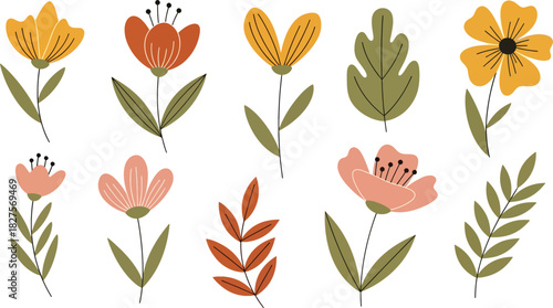 Bohemian floral illustrations in earthy colors and flat vector style, perfect for aesthetic creative projects
