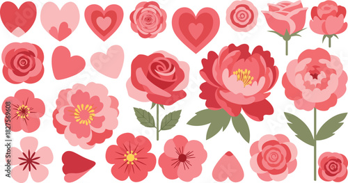 Romantic floral vector set in red and pink tones, ideal for weddings, Valentine’s Day, and love-themed graphics