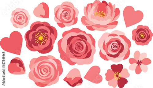 Romantic floral vector set in red and pink tones, ideal for weddings, Valentine’s Day, and love-themed graphics