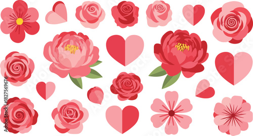 Romantic floral vector set in red and pink tones, ideal for weddings, Valentine’s Day, and love-themed graphics