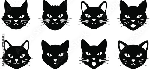 Cat face silhouettes collection isolated on white background