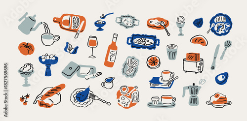 Breakfast food sketches set. Hand-drawn sketchy drawings, moka pot, coffee, tea cup, baguette, pancakes with egg, toaster in playful scribble style. Vector illustrations isolated on white background