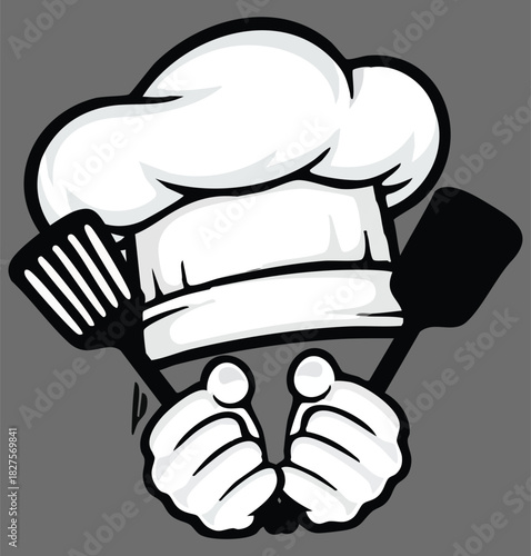 Cartoon illustration of a chefs hat held up by two hands gripping a spatula and a turner against a gray background
