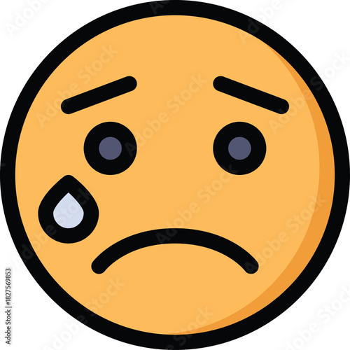 Sad yellow face icon with a tear rolling down its cheek and downturned mouth conveying unhappiness and sorrow simple illustration with dark outlines and bold colors on a transparent background