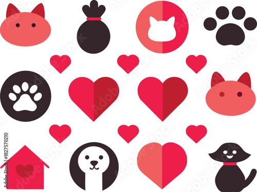 Vector valentine's day icons featuring cute cats dogs and hearts for digital design