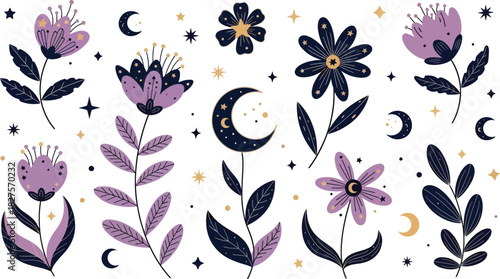 Mystical floral and botanical elements with moon and stars in a flat magical style