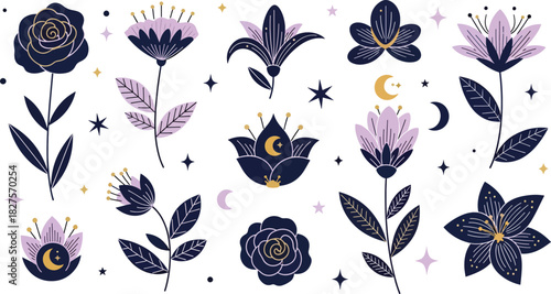 Mystical floral and botanical elements with moon and stars in a flat magical style
