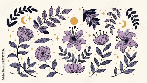 Mystical floral and botanical elements with moon and stars in a flat magical style