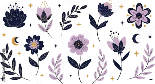 Mystical floral and botanical elements with moon and stars in a flat magical style