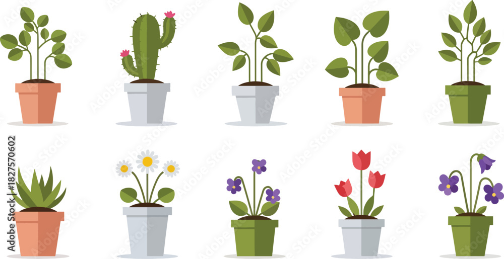 Obraz premium Cute houseplants and flowers in pots illustrated in flat vector style for home decor themes