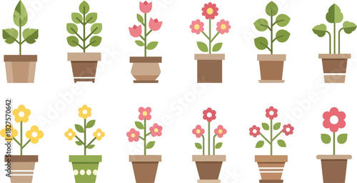 Cute houseplants and flowers in pots illustrated in flat vector style for home decor themes