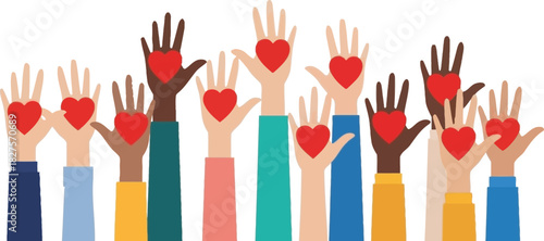 Hands Raised with Love Hearts A Symbol of Unity, Support, and Charitable Giving