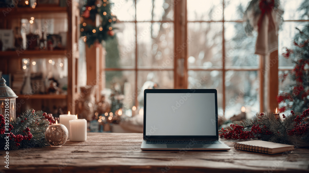 Fototapeta premium Laptop with blank screen on cozy home desk