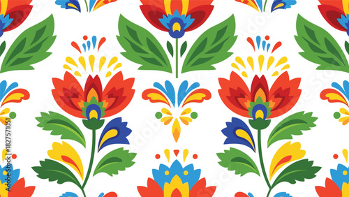 Folk art–inspired flowers and leaves in bold flat shapes and decorative colorful patterns