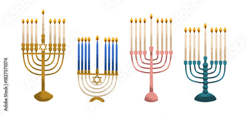Hanukkah menorah set. Traditional Jewish candelabra with nine candles, holiday decor. Hannukah menora candleholders. Hanukah candlesticks. Flat vector illustration isolated on white background