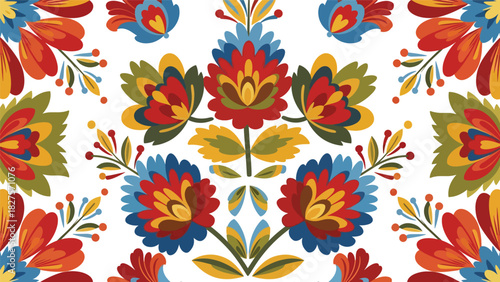 Folk art–inspired flowers and leaves in bold flat shapes and decorative colorful patterns