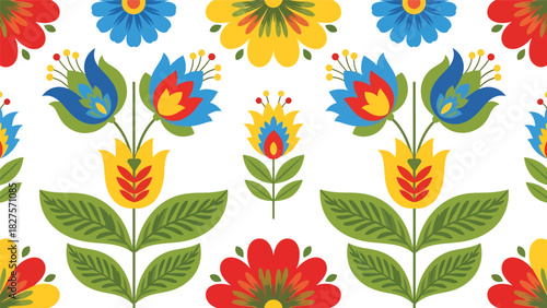 Folk art–inspired flowers and leaves in bold flat shapes and decorative colorful patterns