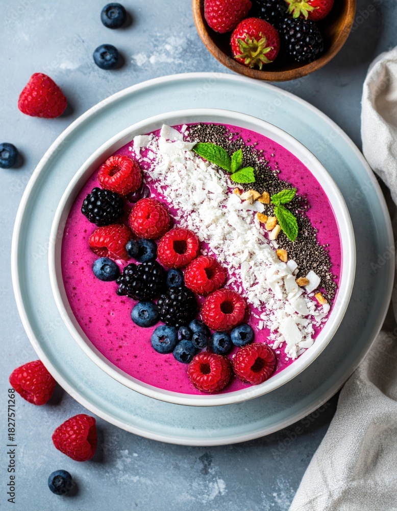 Fototapeta premium Fresh smoothie bowl with berries, chia seeds, coconut flakes, top view, bright colors, food photography