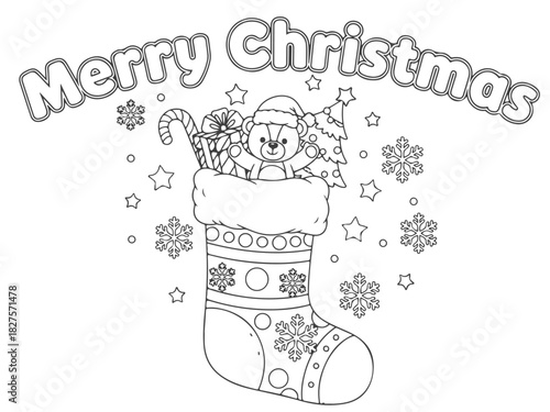Christmas stocking coloring book page for kids featuring a teddy bear and candy cane illustration for festive fun