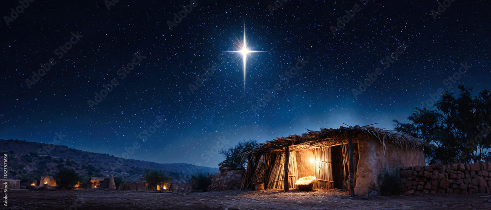 Naklejka premium A bright Star of Bethlehem shines above the rustic manger where baby Jesus was born, casting a warm glow in the peaceful night filled with hope and wonder