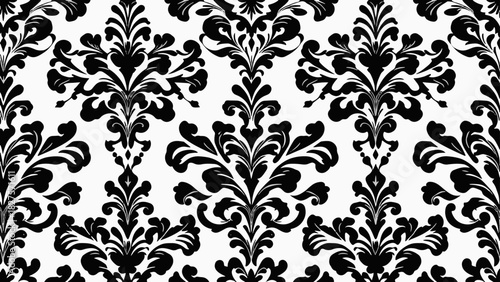 Timeless ornamental damask pattern with symmetrical floral details and elaborate scrollwork in a seamless arrangement
