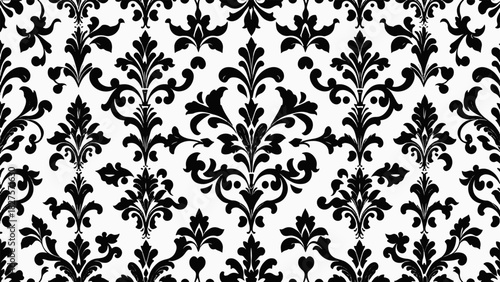 Sophisticated vintage wallpaper design with intricate floral shapes and curling decorative elements on dark background