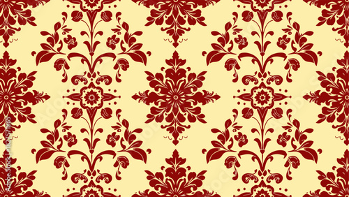 Vintage European wallpaper design showcasing repeating floral medallions intertwined with flowing ornamental vine elements