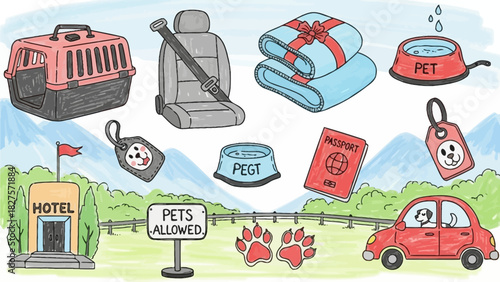 Illustration of pet travel items and a dog in a car near a hotel.