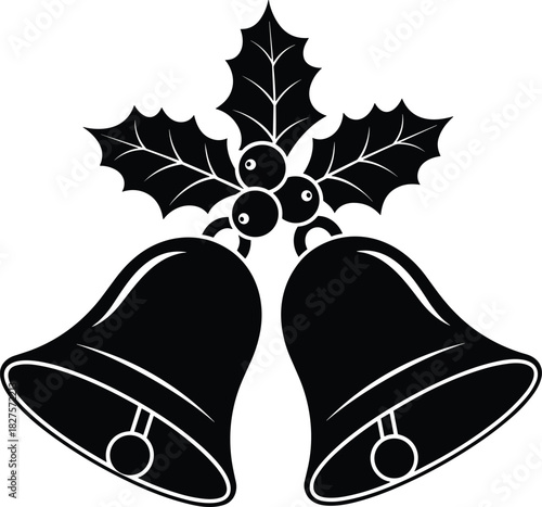 Black silhouette of traditional Christmas bells with holly leaves and berries, ringing in the joyous, classic, and elegant winter holiday season celebration vector illustration on white.