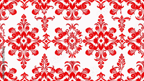 Rich red background. Seamless damask pattern. Red color.For fabric, wallpaper, wrapping paper, holiday packaging. Vector illustration.