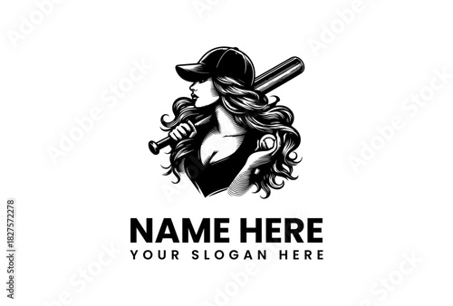 Stylish baseball girl logo vector illustration for sports teams; powerful graphic design featuring an athletic female player with a bat and ball