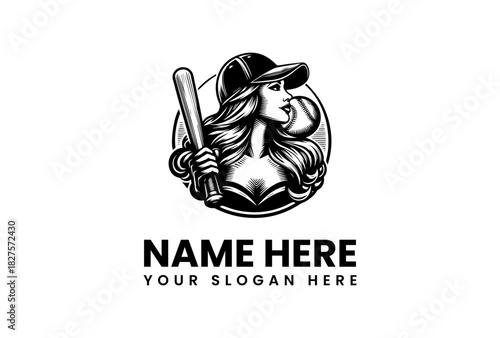 Dynamic Vintage Style Female Baseball Player Logo Vector Illustration, Featuring a Woman Holding a Bat, Ideal for Sports Branding and Team Mascots