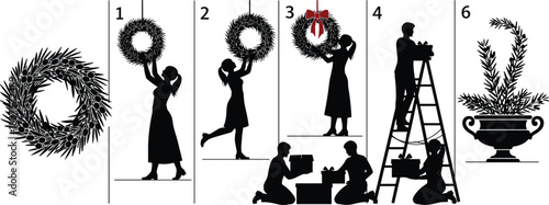 Six Silhouettes Illustrating Holiday Decoration Steps from Simple Evergreen Wreath to Hanging and Festive Bow Addition, Plus Gift Placement and Final Urn Arrangement.