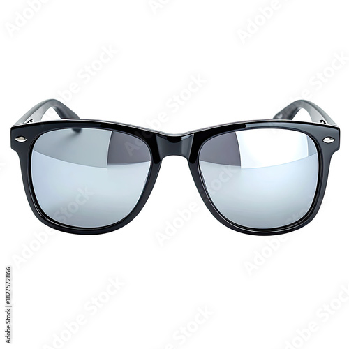 Black frame eyewear with reflective lenses on dark background