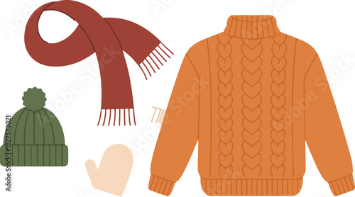 Warm autumn knitted clothes collection featuring orange sweater red scarf green hat and mittens pixel art vector illustration set