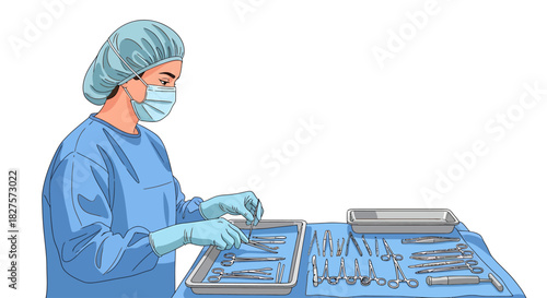 Skilled healthcare worker in full scrubs and mask diligently arranging a variety of essential surgical tools for an upcoming medical procedure